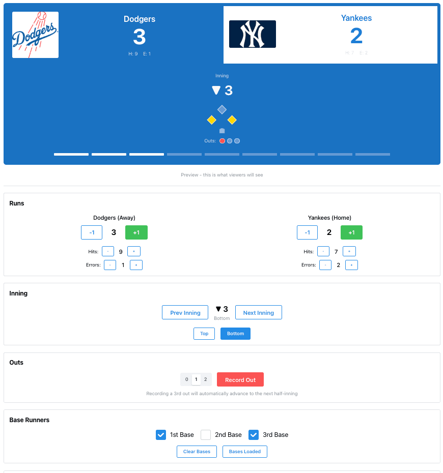 Baseball scoreboard admin panel with innings, outs, and base runner controls