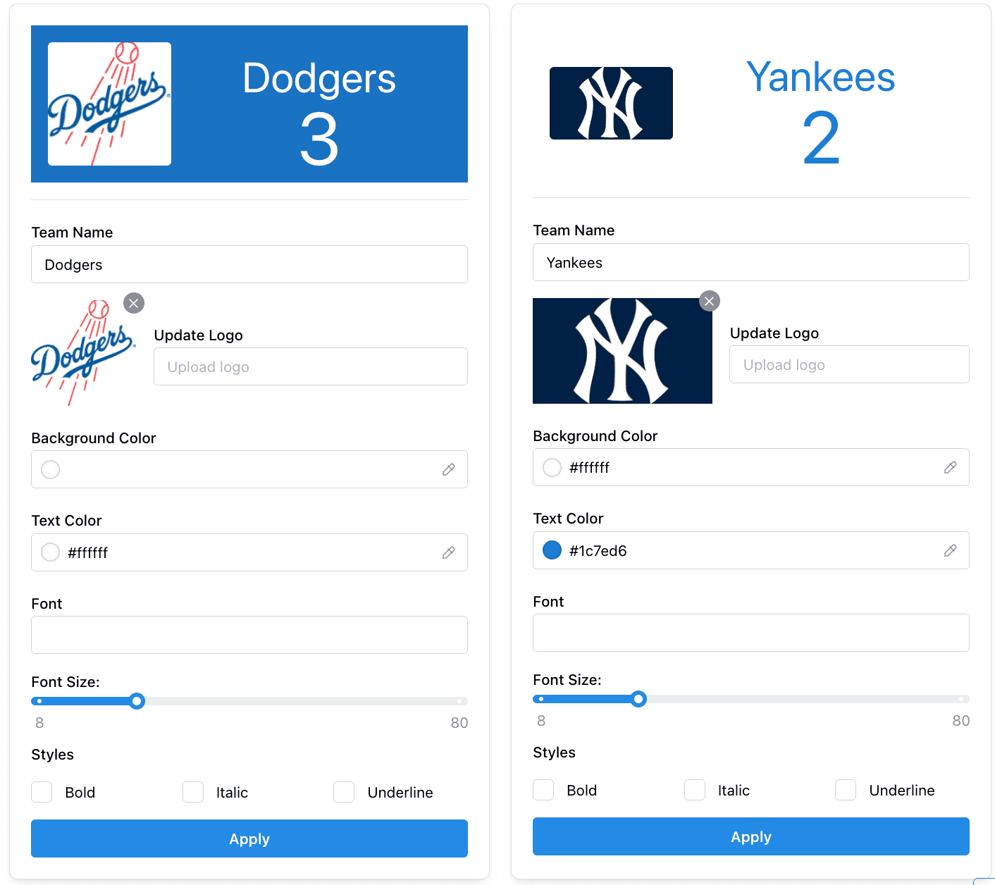 Baseball scoreboard with customizable team colors and logos