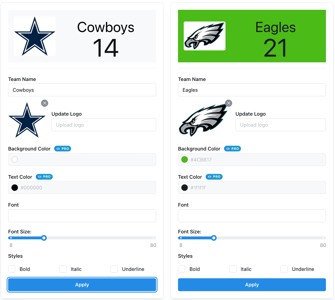 Football scoreboard with customizable team colors and logos