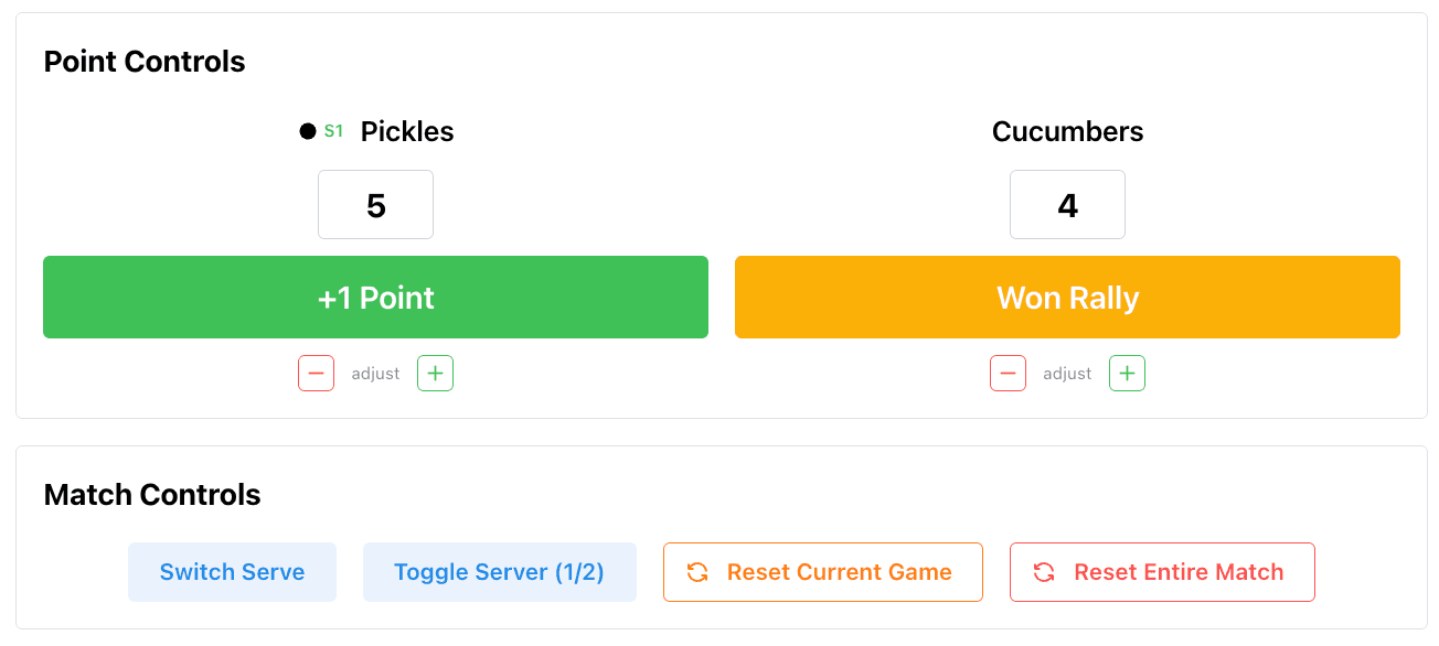 Pickleball scoreboard admin panel with serve and score tracking