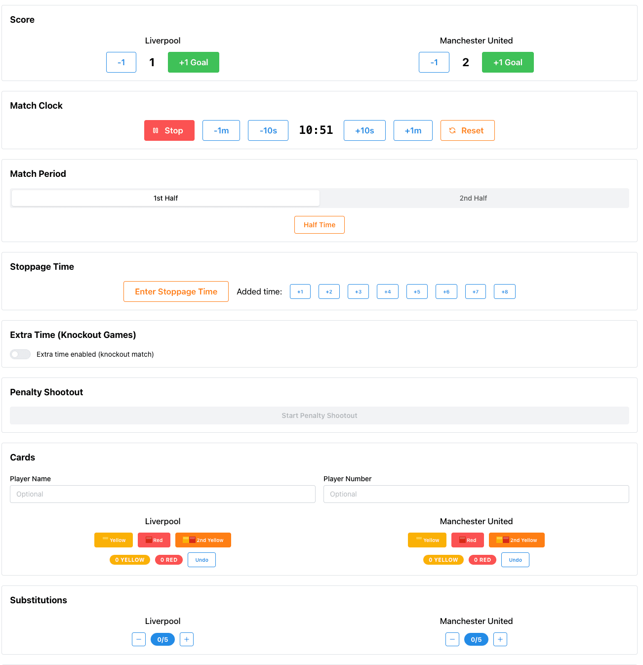 Soccer scoreboard admin panel with match time, cards, and stoppage time